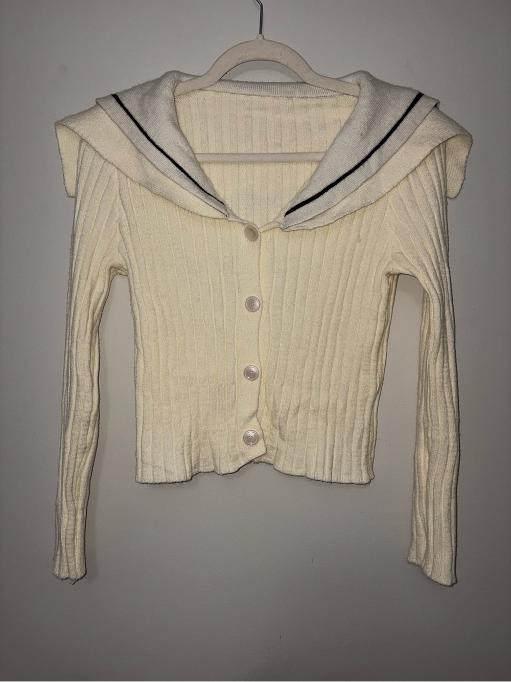 Cream Ribbed V-Neck Cardigan with Sailor Collar